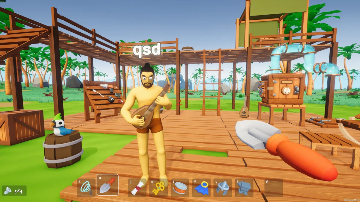 A co-op player playing guitar at the island base